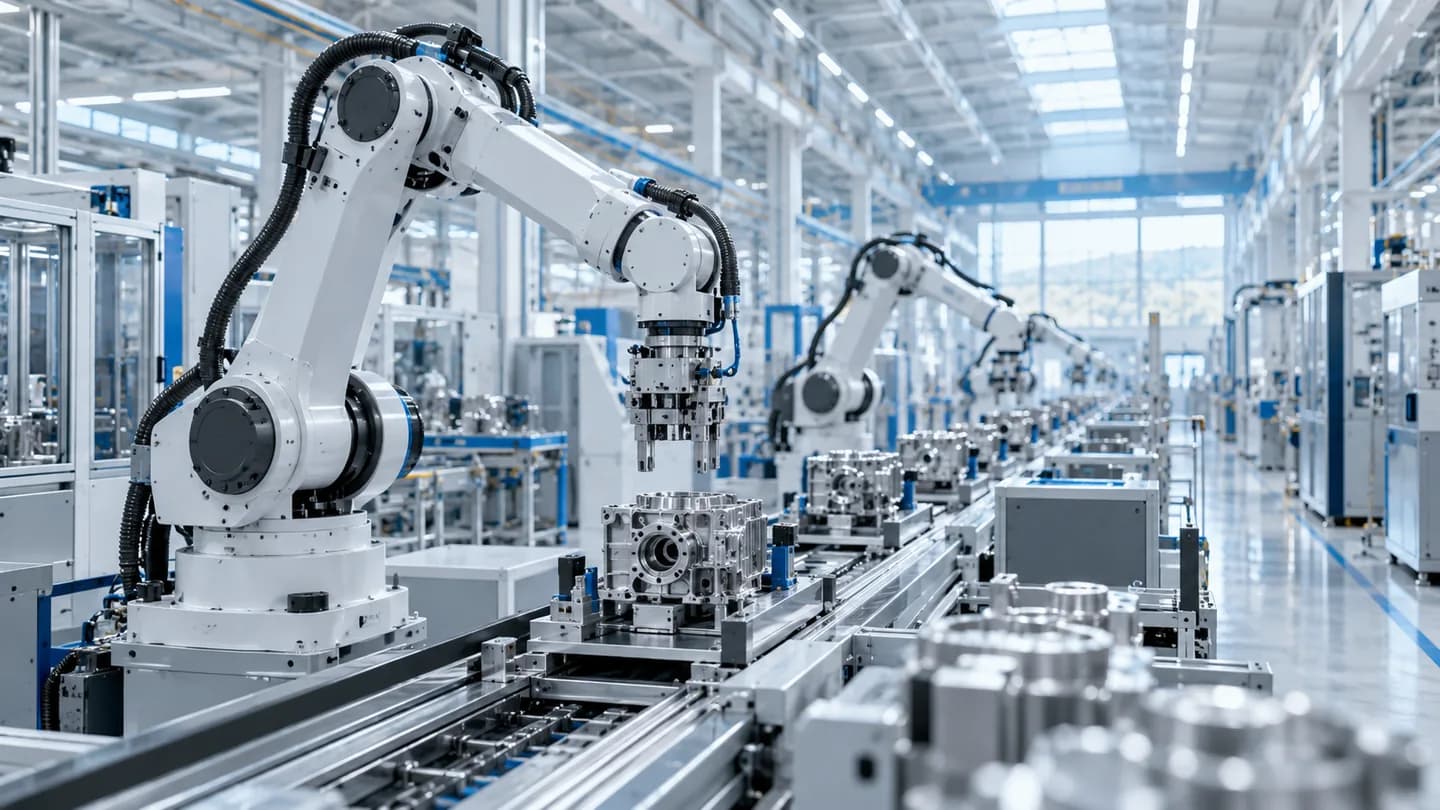 AI 生成的工业场景示意：白色机械臂与自动化精密零部件生产线