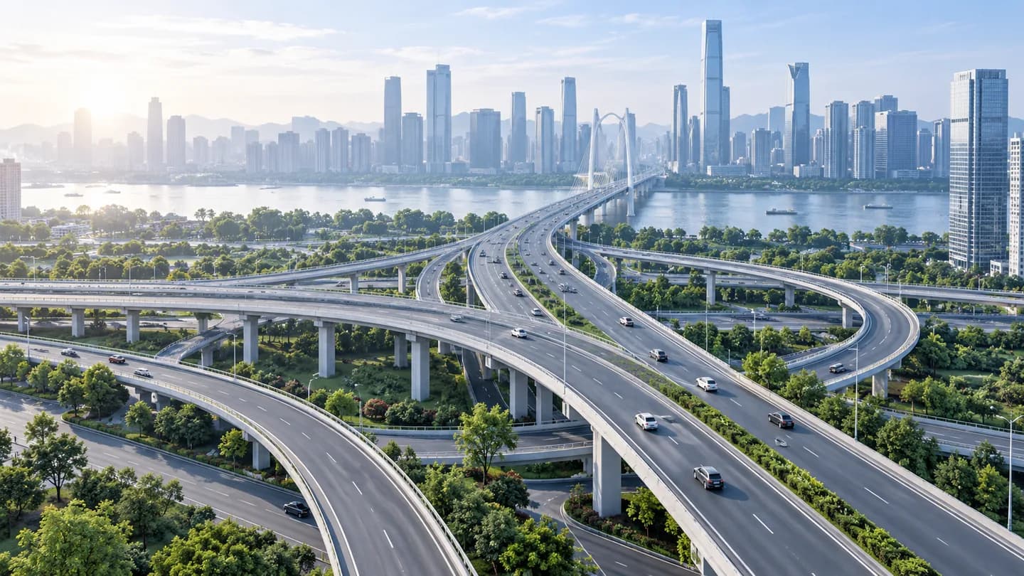 AI 生成的交通场景示意：城市立交道路、跨江桥梁与远处天际线