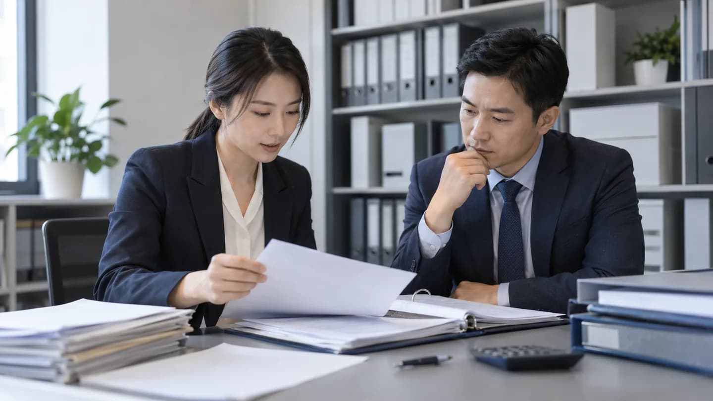 办公人员共同查阅和整理专业资料
